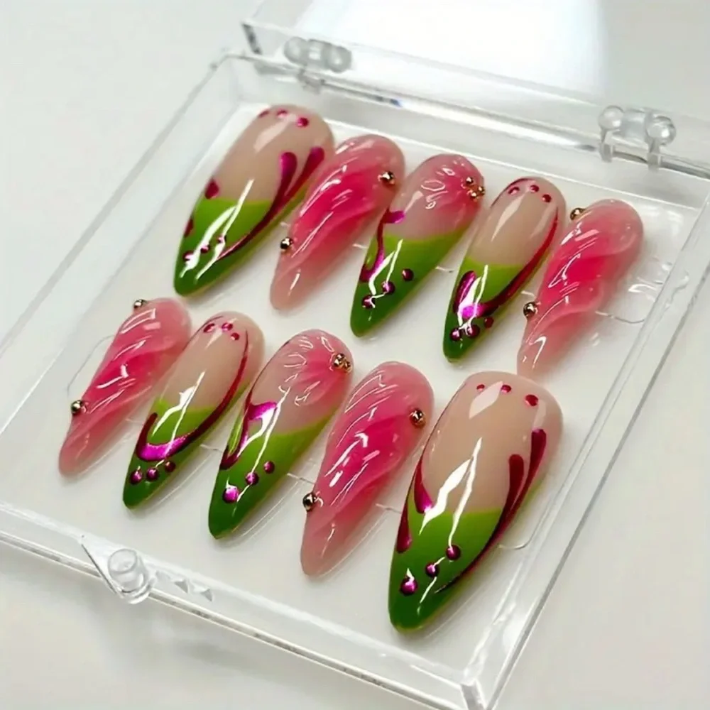 New Pink & Green Handmade Press-On Nails Reusable size Medium acrylic 3-D